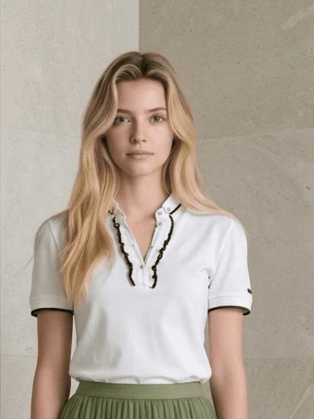Dolce & Gabbana D&G White Black Trim Ruffle Polo Top Rhinestone Buttons Cotton